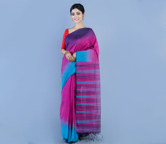 Handloom Ikkat Saree - Navy Blue & Sky Blue On Purple