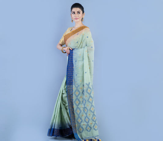 Neemki Kaj on Handloom Saree - Blue & Brown Par On Light Sky Blue