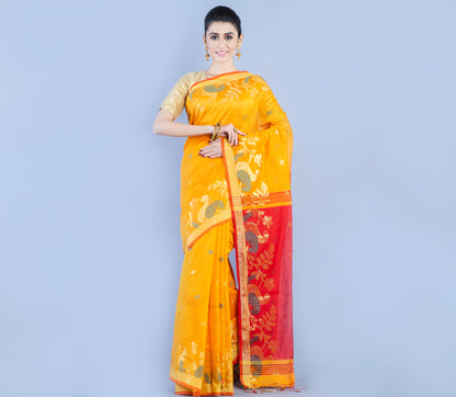HANDLOOM SAREE WITH WORK ALL OVER THE SAREE - YELLOW & RED