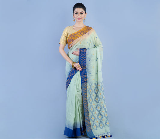 Neemki Kaj on Handloom Saree - Blue & Brown Par On Light Sky Blue