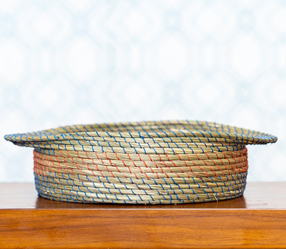 Round Basket of Sabai Grass with Blue and Red Thread Work