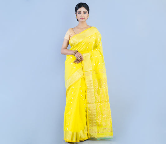 Handloom Muslin Silk Saree - Yellow - ArtisanSoul