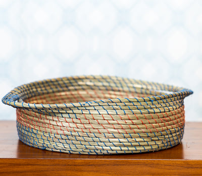 Round Basket of Sabai Grass with Blue and Red Thread Work