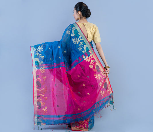 HANDLOOM SAREE WITH WORK ALL OVER THE SAREE - BLUE AND PINK