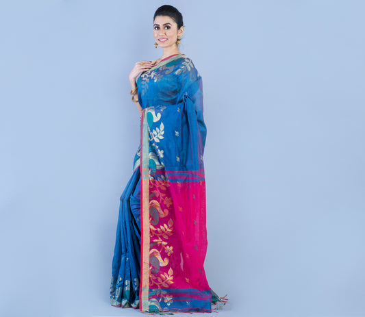 HANDLOOM SAREE WITH WORK ALL OVER THE SAREE - BLUE AND PINK