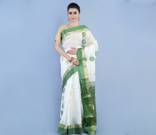 Handloom Saree With Zari Work - White & Olive Green