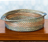 Round Basket of Sabai Grass with Blue and Red Thread Work