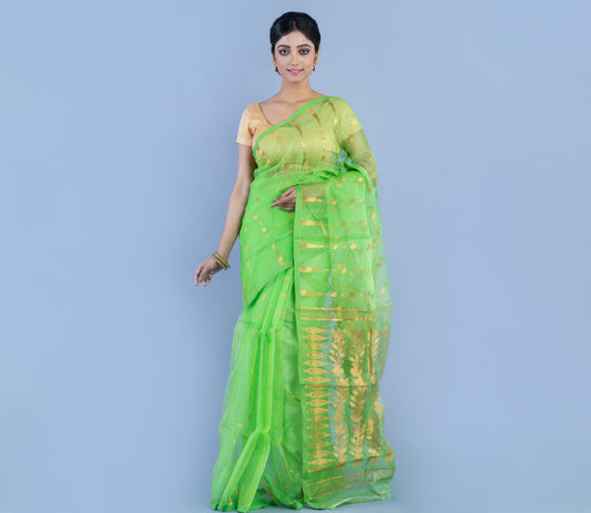 Handloom Muslin Silk Saree - Green with Zari Work