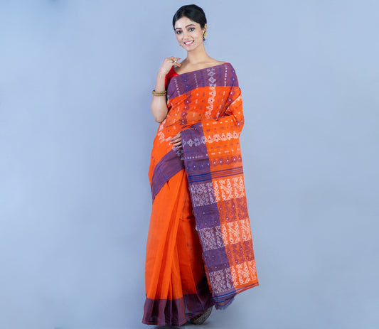 Handloom Jamdani Saree - Orange With Blue Par