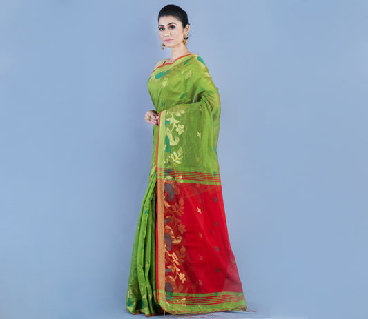 HANDLOOM SAREE WITH WORK ALL OVER THE SAREE - GREEN AND RED