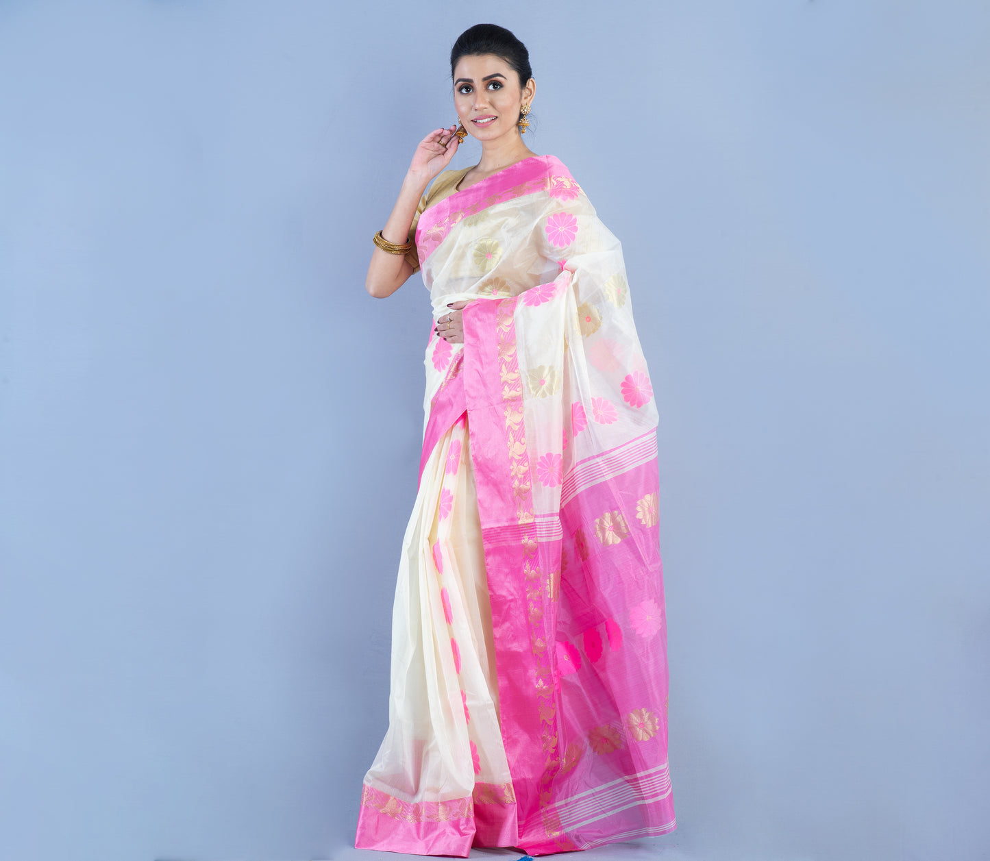 Handloom Saree - White & Pink