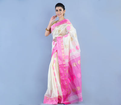 Handloom Saree - White & Pink