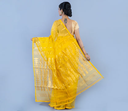 Handloom Muslin Silk Saree - Yellow With Golden Zari