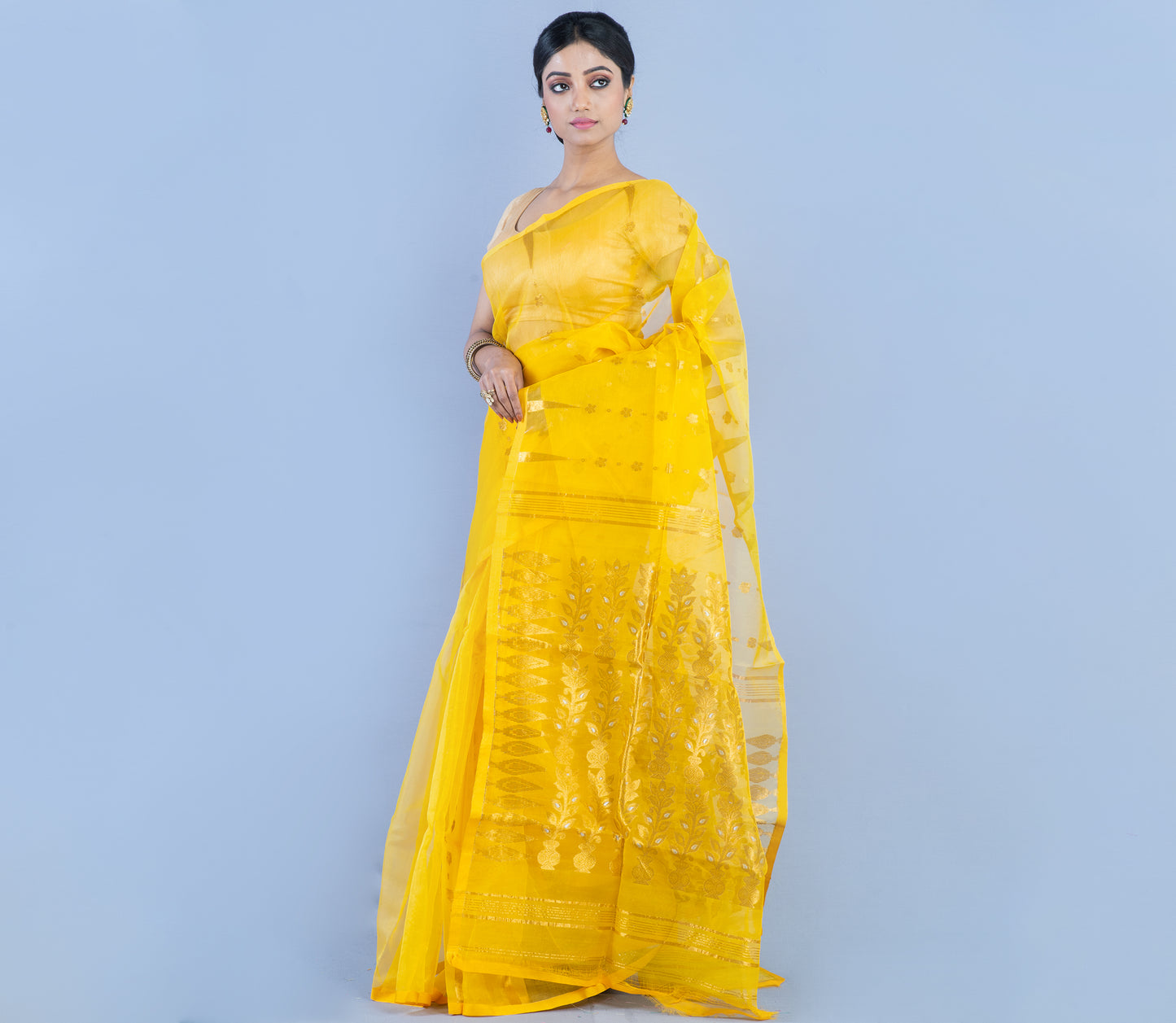 Handloom Muslin Silk Saree - Yellow With Golden Zari