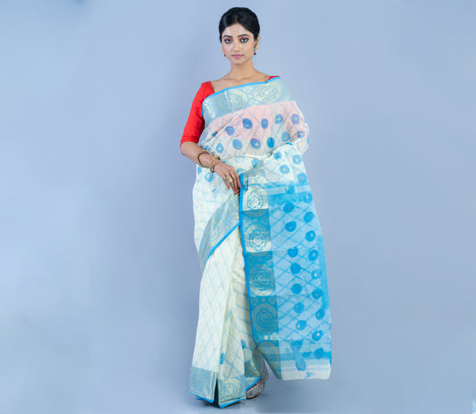 Handloom Tant Saree With Work - White & Sky Blue