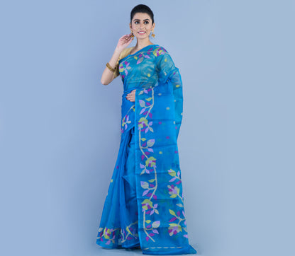 Handloom Muslin Silk Saree With Leaf Design - Sky Blue