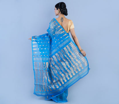 Handloom Muslin Silk Saree White Zari Work - Azure Blue