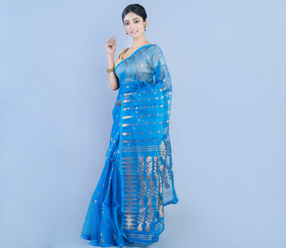 Handloom Muslin Silk Saree White Zari Work - Azure Blue