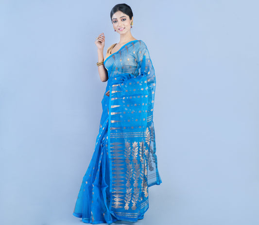 Handloom Muslin Silk Saree White Zari Work - Azure Blue