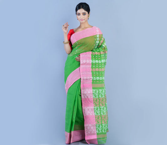 handloom Jamdani Saree - Pink On Green - ArtisanSoul
