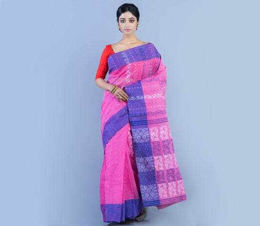 Handloom Jamdani Saree - Blue & White On Pinlk - ArtisanSoul