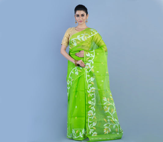 Handloom Muslin Saree - White Zari Work on Light Green