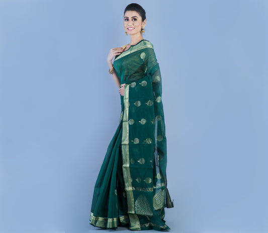 TANT SAREE WITH ZARI WORK - BOTTLE GREEN