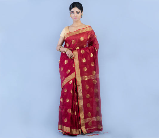 Handloom Saree With all Over Zari Work - Maroon - ArtisanSoul