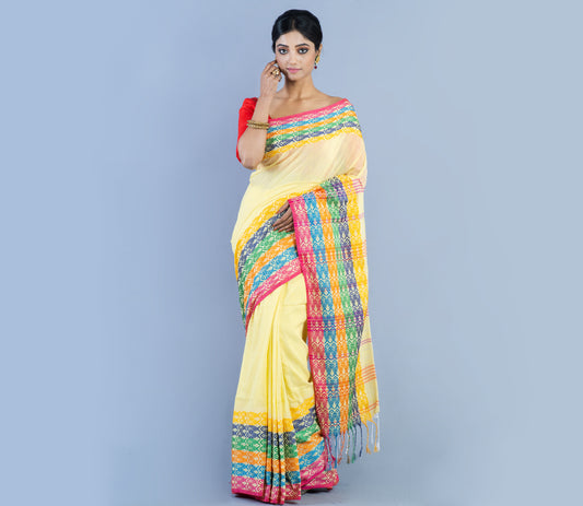 Handloom Cotton Saree - Light Yellow With Multi Color Fish Design Par