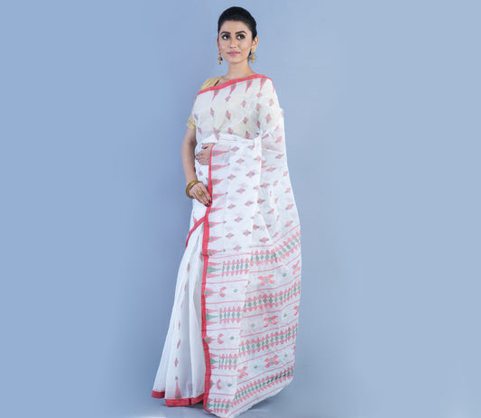Handloom Saree - Red Work On White - ArtisanSoul