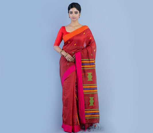 Handloom Saree - Pink and Orange on Maroon - ArtisanSoul