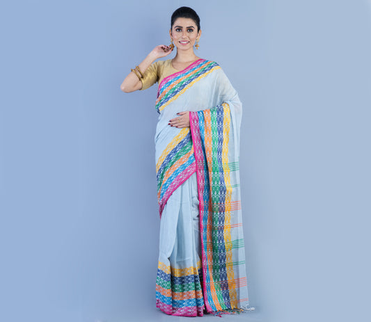 Handloom Saree White Off With Multi Color Fish Design Par - ArtisanSoul