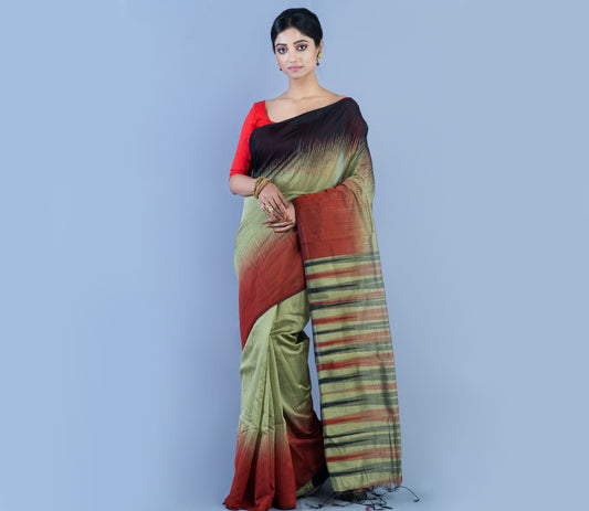 Handloom Ikkat Saree - Black & Maroon On Moss Green