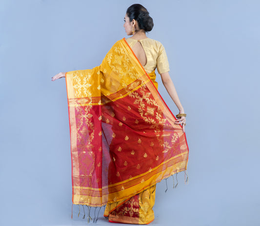 Handloom Saree with all over Zari work on Saree - Mustard Yellow and Red - ArtisanSoul