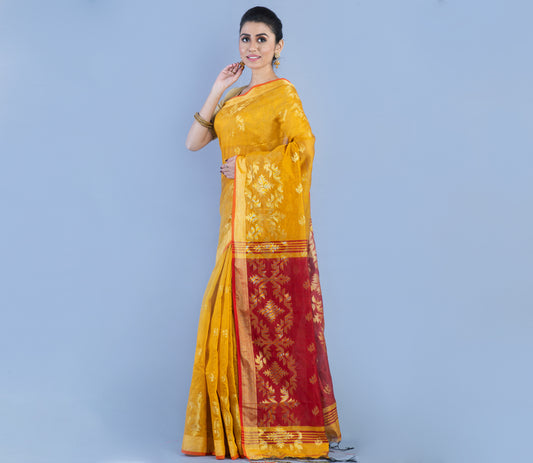 Handloom Saree with all over Zari work on Saree - Mustard Yellow and Red - ArtisanSoul