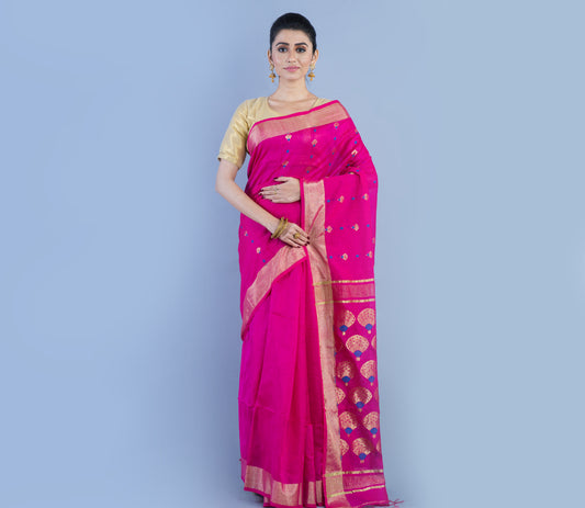 Handloom Tant Saree - Zaro Work On Dark Pink - ArtisanSoul