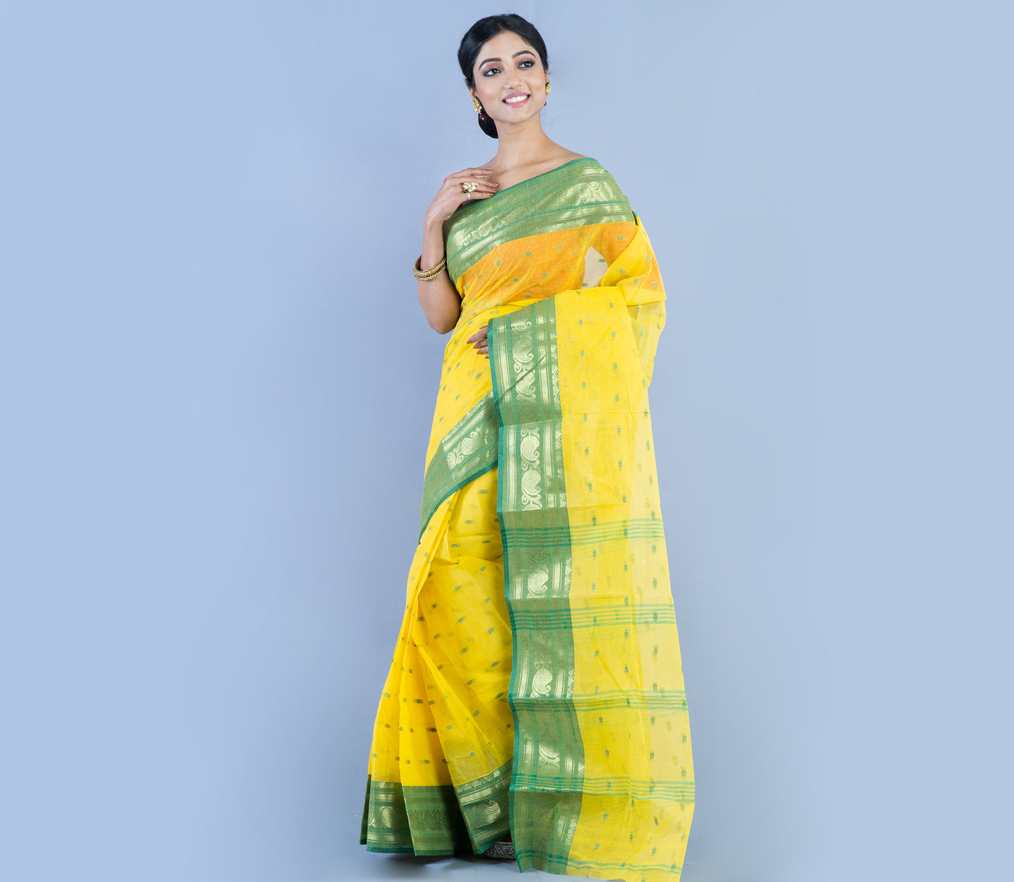 Handloom Tant Saree With All Over Work - Olive Green On Yellow