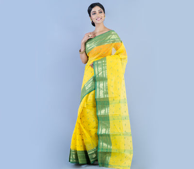 Handloom Tant Saree With All Over Work - Olive Green On Yellow