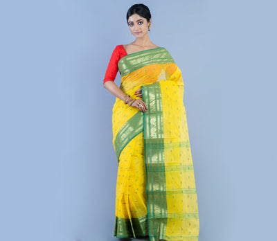 Handloom Tant Saree With All Over Work - Olive Green On Yellow