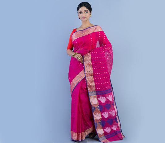 Handloom Jamdani Saree With Zari Work On Dark Pink - ArtisanSoul