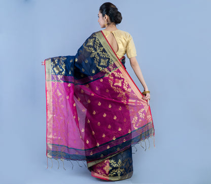 HANDLOOM SAREE WITH WORK ALL OVER THE SAREE - NAVY BLUE AND PURPLE - ArtisanSoul