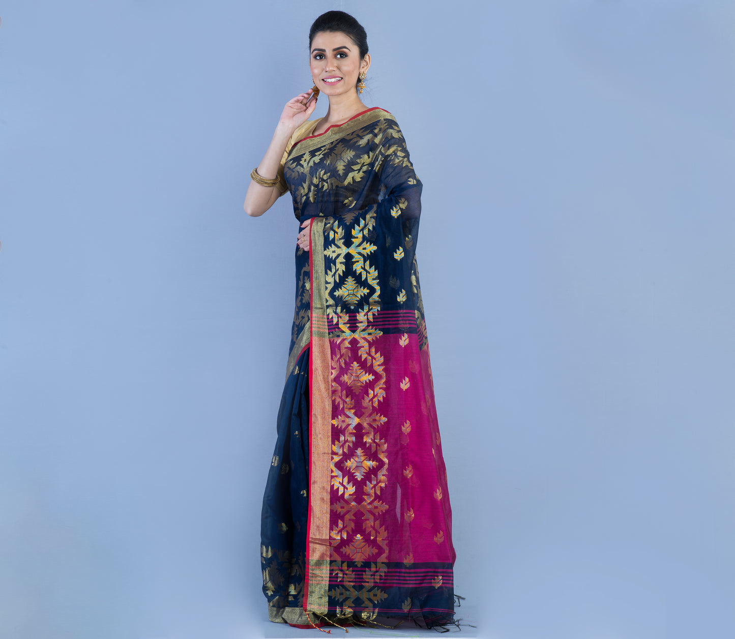 HANDLOOM SAREE WITH WORK ALL OVER THE SAREE - NAVY BLUE AND PURPLE - ArtisanSoul