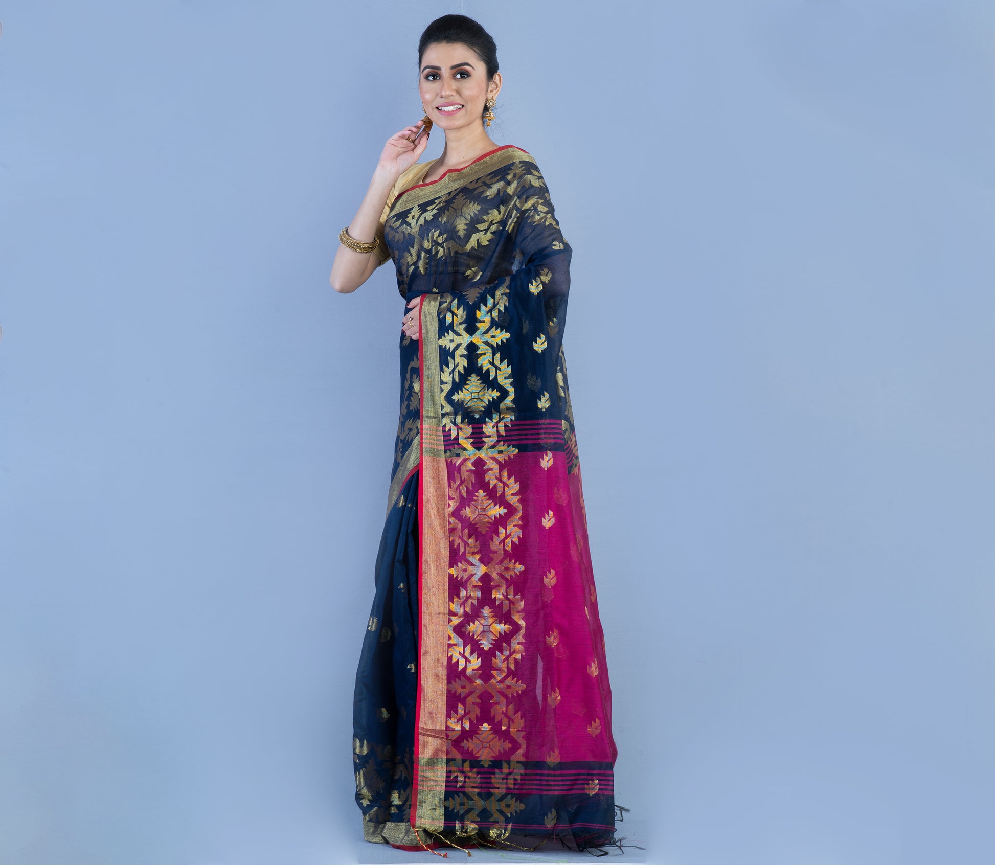 HANDLOOM SAREE WITH WORK ALL OVER THE SAREE - NAVY BLUE AND PURPLE - ArtisanSoul