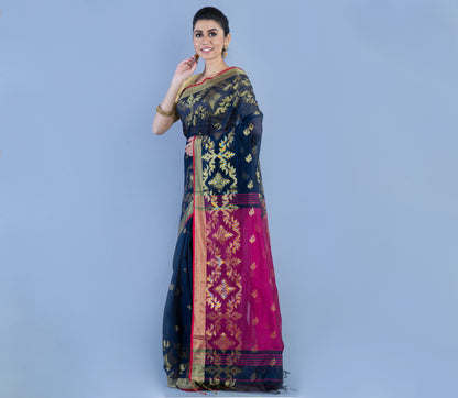 HANDLOOM SAREE WITH WORK ALL OVER THE SAREE - NAVY BLUE AND PURPLE - ArtisanSoul