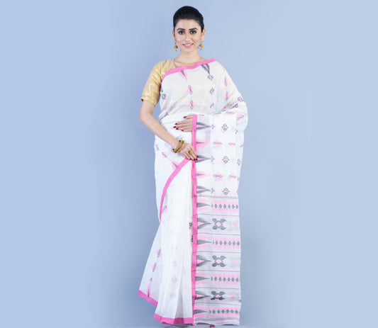 Handloom Saree - Pink & Black Work On White - ArtisanSoul