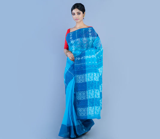 Handloom Jamdani Saree - Sky Blue & Blue