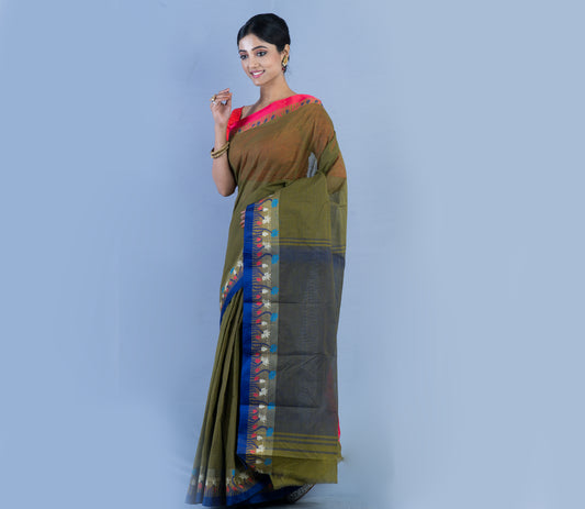 Handloom Tant Olive Green Saree With Blue Lotus Design On Par