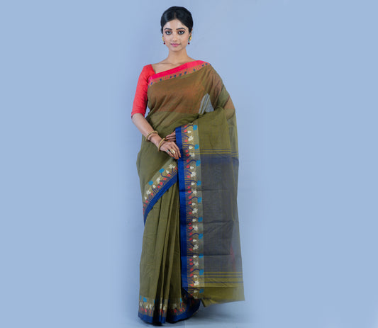 Handloom Tant Olive Green Saree With Blue Lotus Design On Par