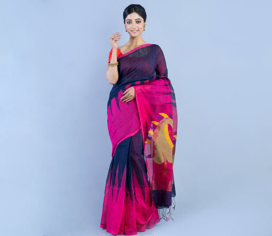 Handloom Gheecha Saree - Blue & Purple - ArtisanSoul
