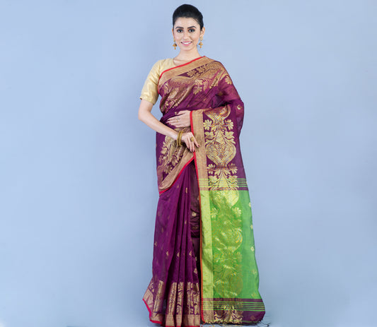 Handloom Saree with all over Zari work - Violet & Green - ArtisanSoul